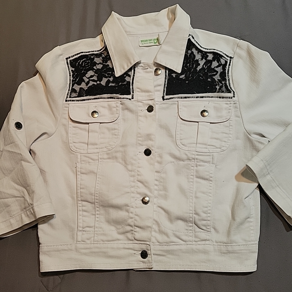 Dream Out Loud Jean Jacket Juniors XL White Denim Lace Upcycle OOAK Rework Art